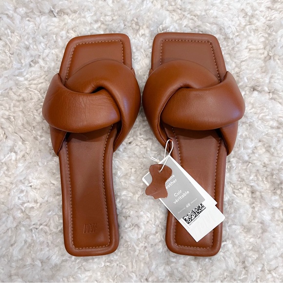 NWT H&M Brown Leather Knot Flat Slide Sandals - Picture 3 of 6